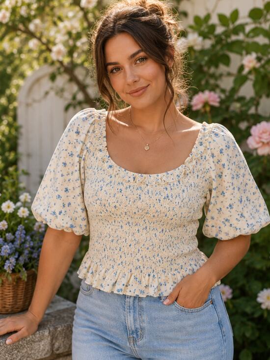 ARULA Tops - Arula x Favorite Sister Blouse Cream Blue Puff Sleeve Size XL Prairie Farmhouse